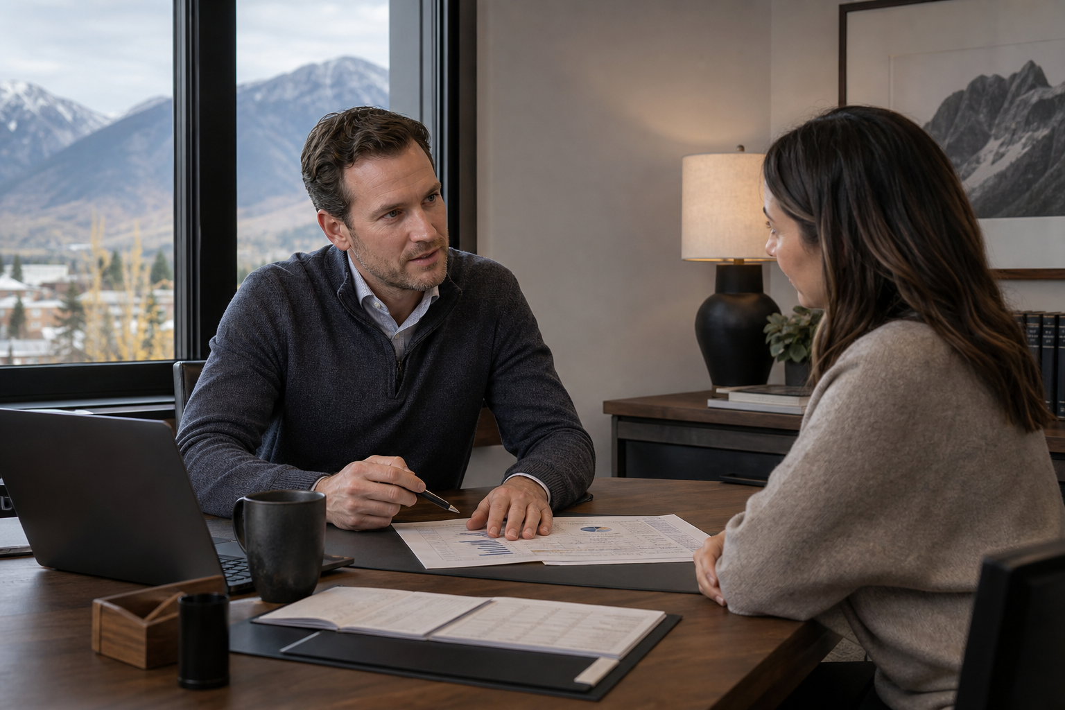 Accounting consultation between advisor and client in a modern office
