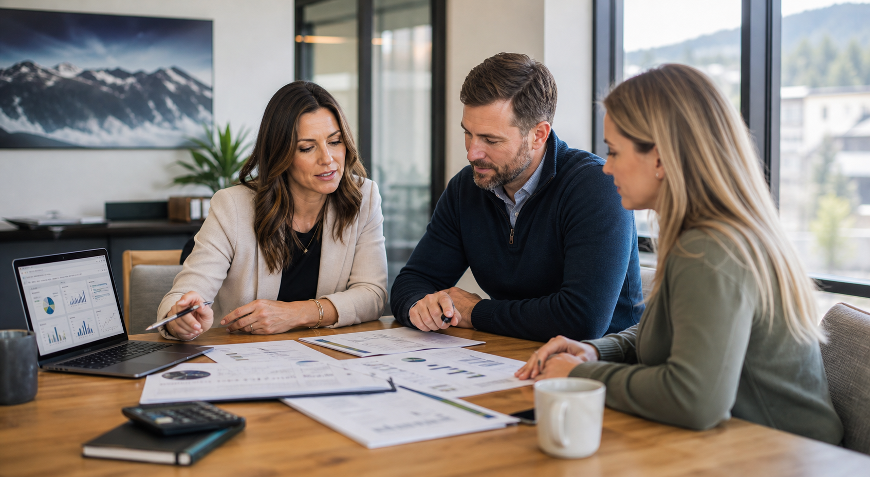 Accounting advisors reviewing dashboards and reports with a client