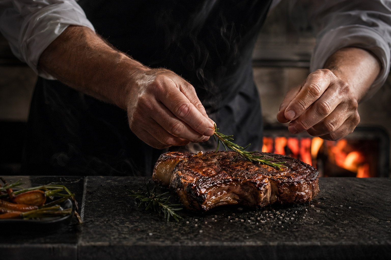 A chef finishing a steak with rosemary over glowing embers