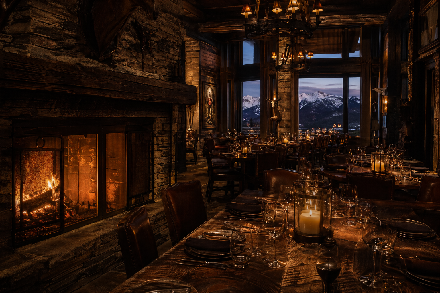 Emberfield's firelit alpine dining room