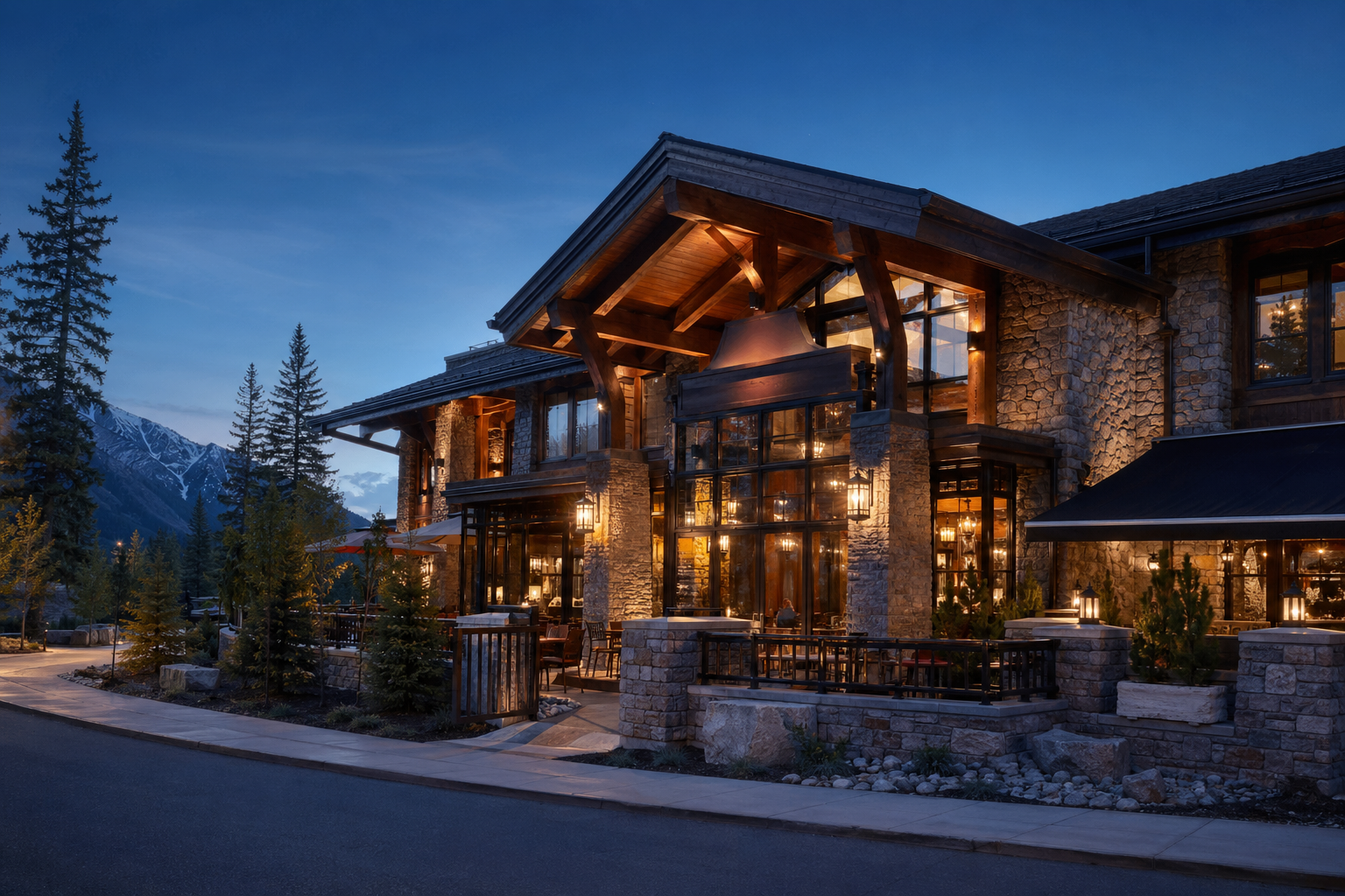 Emberfield's flagship restaurant exterior at blue hour