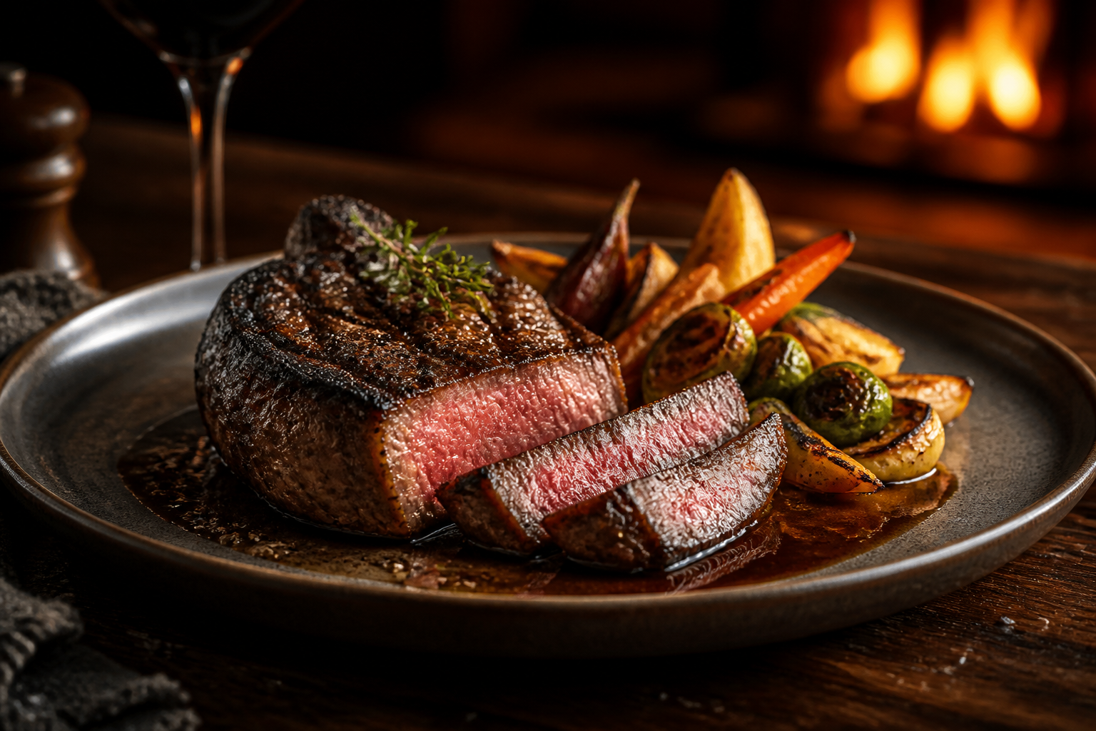 Chef's signature steak plate prepared for service