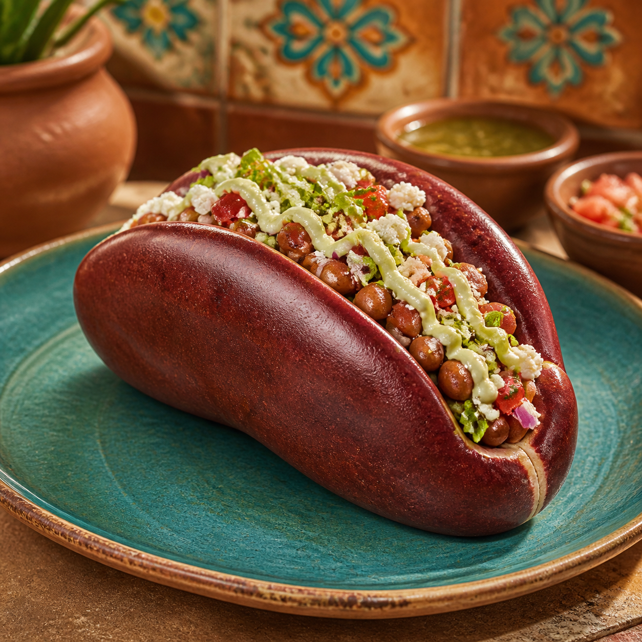 Kidney Shell Hybrid taco with a surreal bean-shell presentation